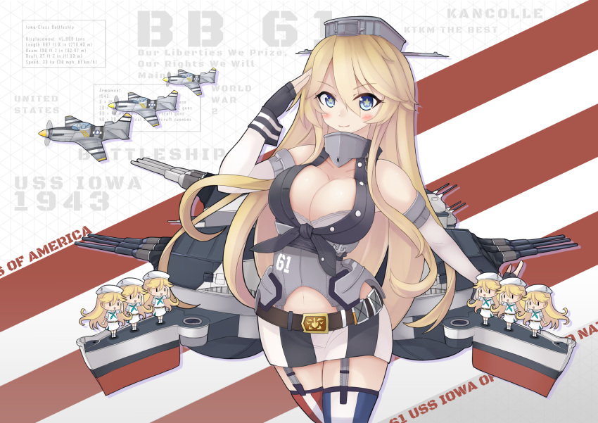 airplane blonde_hair blue_eyes breasts bridal_gauntlets english fairy_(kantai_collection) highres iowa_(kantai_collection) kantai_collection kuronekozero miniskirt mismatched_legwear salute skirt smile thigh-highs