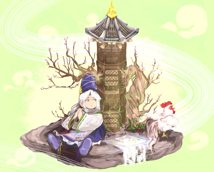 1girl architecture bird blue_skirt cherry_blossoms chicken commentary_request ears east_asian_architecture fish grey_eyes hands_clasped hands_together hat highres japanese_clothes long_ponytail long_sleeves looking_at_another mononobe_no_futo plant ponytail reflection ribbon-trimmed_sleeves ribbon_trim rooster shoe_ribbon silver_hair sitting skirt solo tate_eboshi touhou tree turtleneck vines water white_clothes wide_sleeves wind yotogi_(yotogi_luminary)