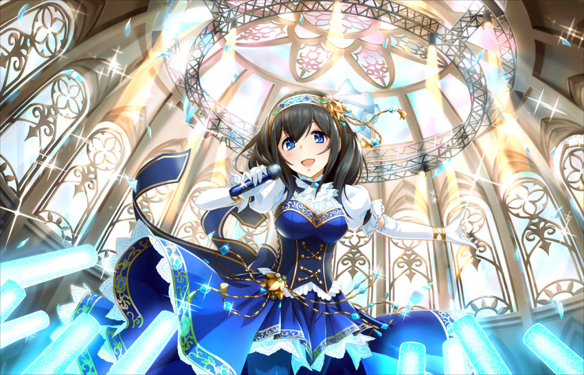 1girl :d artist_request ascot black_hair blue_dress blue_eyes dress gloves hair_ornament hairband holding_microphone idolmaster idolmaster_cinderella_girls_starlight_stage long_gloves long_hair looking_at_viewer official_art open_mouth sagisawa_fumika short_sleeves smile solo white_gloves wristband