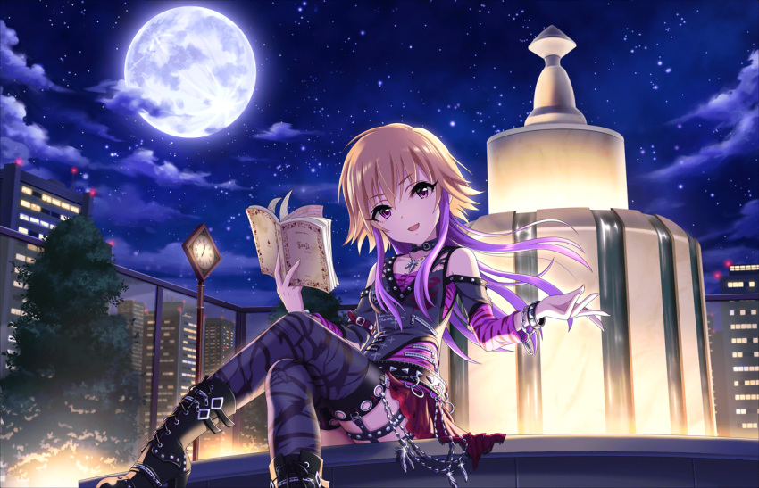 1girl :d artist_request belt black_boots book boots bracelet building choker clock clouds collarbone detached_sleeves eyebrows eyebrows_visible_through_hair fountain garter_straps high_heel_boots high_heels holding holding_book idolmaster idolmaster_cinderella_girls_starlight_stage jewelry long_boots long_sleeves looking_at_viewer moon multicolored_hair necklace night night_sky ninomiya_asuka official_art open_mouth outdoors pink_eyes red_skirt sitting skirt sky skyscraper smile solo star_(sky) thigh-highs tree