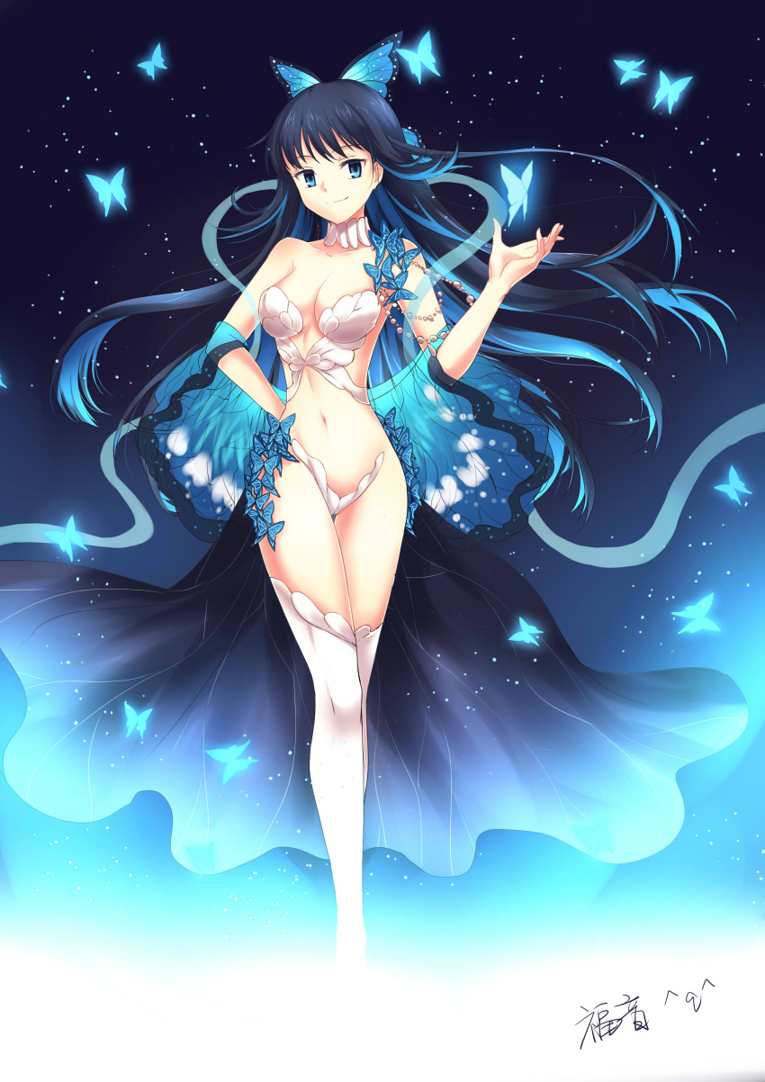 1girl absurdres black_hair blue_eyes blue_hair breasts butterfly butterfly_hair_ornament choker cleavage gogatsu_fukuin hair_ornament hand_on_hip highres long_hair looking_at_viewer multicolored_hair nie_xiaoqian revealing_clothes sangai_senki smile solo standing two-tone_hair