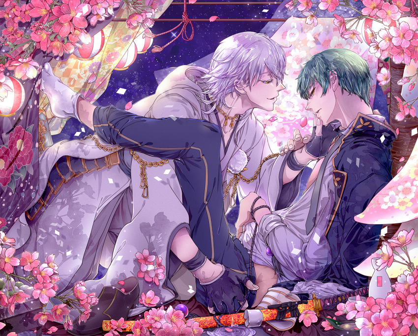 2boys aqua_hair aruco cherry_blossoms curtains hand_on_another's_ass hand_on_another's_face highres hood ichigo_hitofuri japanese_clothes male_focus multiple_boys necktie open_clothes open_shirt partly_fingerless_gloves shirt shoes_removed sky smile star_(sky) starry_sky touken_ranbu tsurumaru_kuninaga white_hair yaoi yellow_eyes