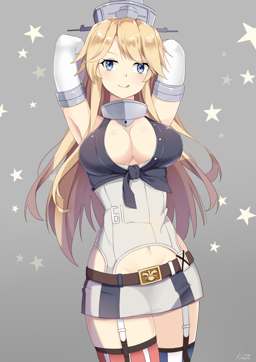 1girl 2016 :q armpits arms_behind_head artist_name belt blonde_hair blue_eyes blush breasts cleavage clothes_writing cowboy_shot dated elbow_gloves front-tie_top garter_straps gloves grey_background headgear highres iowa_(kantai_collection) kantai_collection kauru00 large_breasts licking_lips light_smile long_hair looking_at_viewer microskirt navel signature skirt solo star star-shaped_pupils striped striped_legwear symbol-shaped_pupils thigh-highs tongue tongue_out vertical-striped_legwear vertical_stripes white_gloves