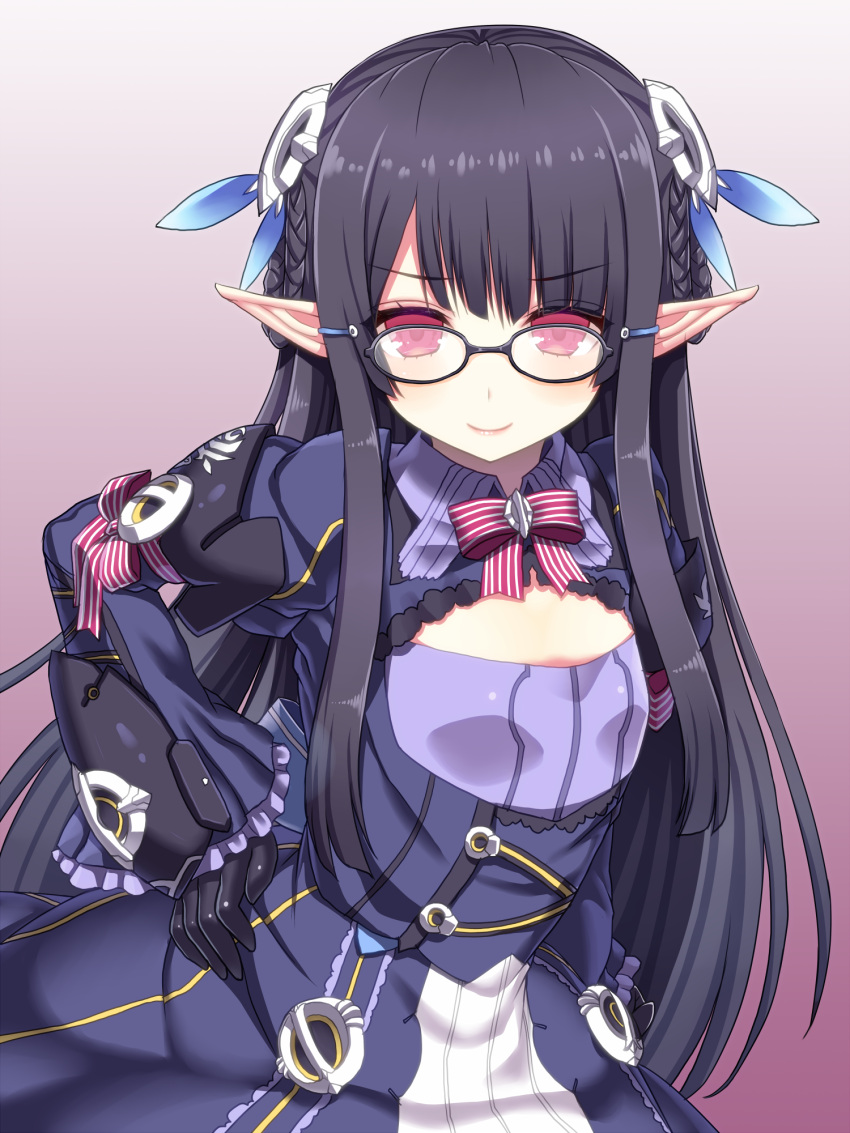 1girl asamura_hiori black-framed_glasses black_gloves character_request cleavage_cutout dress glasses gloves hair_ornament hairclip headgear highres long_hair long_sleeves looking_at_viewer phantasy_star phantasy_star_online_2 pointy_ears purple_hair red_eyes smile solo