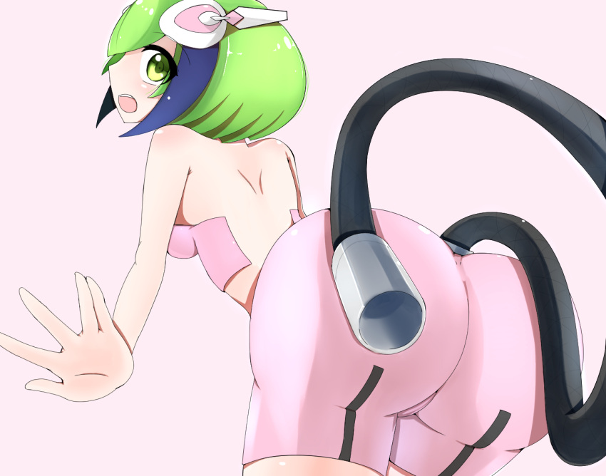 1girl android ass bare_arms bare_shoulders bent_over bike_shorts blue_hair blush bra breasts dimension_w green_eyes green_hair headgear horoooo huge_ass leaning leaning_forward looking_at_viewer looking_back multicolored_hair open_mouth shiny shiny_clothes shiny_hair shiny_skin short_hair solo streaked_hair tail underwear yurizaki_mira