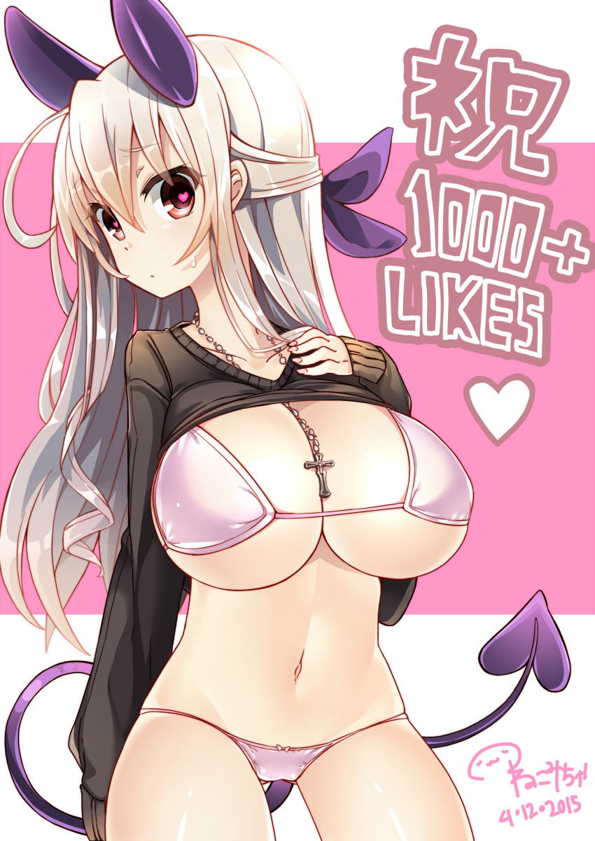 1girl absurdres artist_name blush bra breasts cleavage clothes_lift cross cross_necklace dated demon_girl demon_horns demon_tail hair_ribbon heart heart-shaped_pupils highres horns large_breasts long_hair navel nekomicha original panties red_eyes ribbed_sweater ribbon silver_hair solo sweat sweater sweater_lift symbol-shaped_pupils tail underwear white_bra white_panties