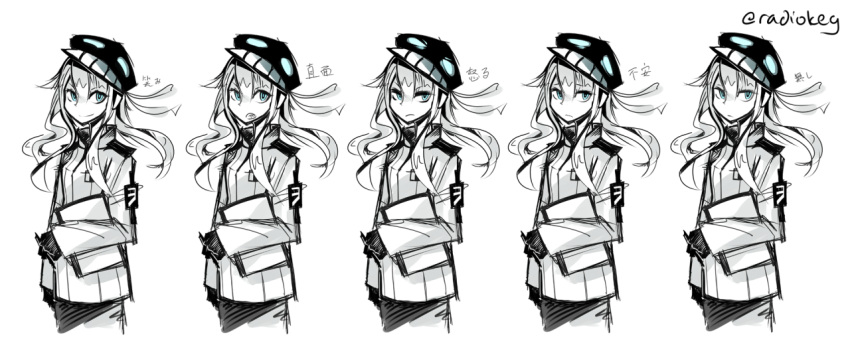 1girl adapted_costume alternate_costume artist_name blue_eyes character_sheet clipboard commentary_request deel_(rkeg) expressionless expressions glaring gloves hat kantai_collection looking_at_viewer monochrome open_mouth pen shinkaisei-kan small_breasts smile translation_request twitter_username uniform wavy_hair wo-class_aircraft_carrier worried