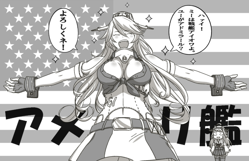 2girls ahoge american_flag belt blush breasts cleavage closed_eyes constricted_pupils detached_sleeves iowa_(kantai_collection) kantai_collection kizeminato kongou_(kantai_collection) long_hair monochrome multiple_girls navel nontraditional_miko open_mouth outstretched_arms skirt standing star sweatdrop translated very_long_hair wide_sleeves wrist_cuffs