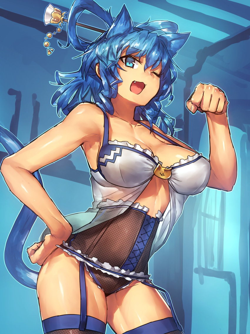 1girl ;d animal_ears blue_eyes blue_hair cat_ears highres looking_at_viewer one_eye_closed open_mouth paw_pose smile solo temmasa22 touhou
