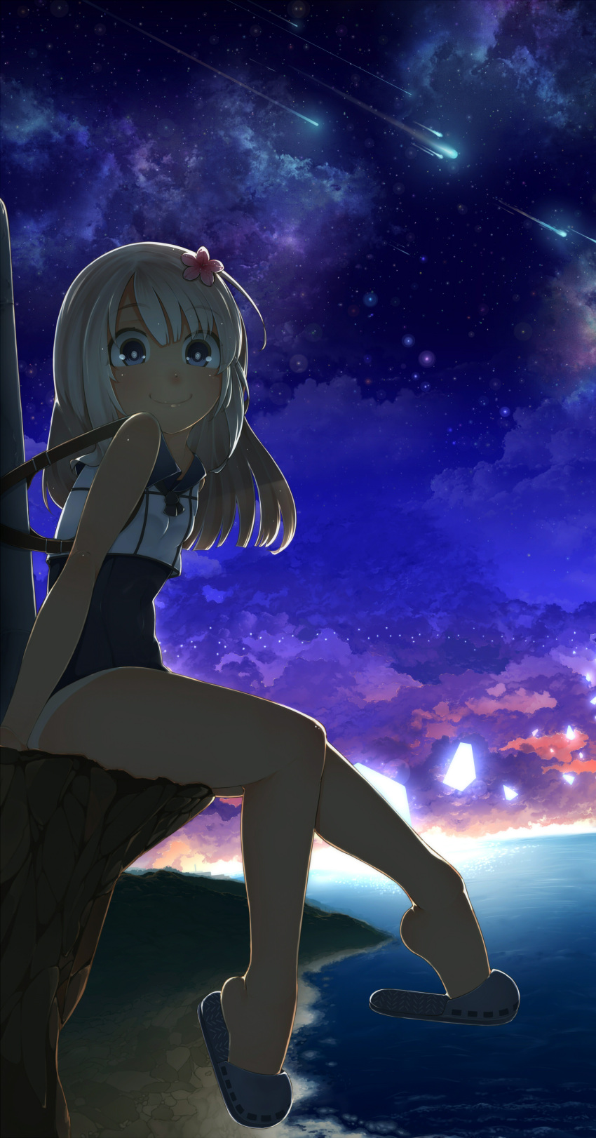 1girl absurdres blonde_hair blue_eyes cliff crop_top elizax9x flower hair_flower hair_ornament highres horizon kantai_collection long_hair ro-500_(kantai_collection) sailor_collar sandals school_swimsuit shooting_star sitting swimsuit torpedo