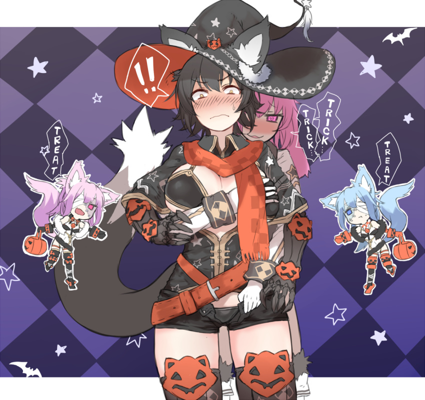 ! !! 4girls alternate_costume animal_ears bandages basket bat black_bra black_hair black_panties blue_hair blush boots bra breast_grab breasts checkered checkered_background checkered_scarf cleavage cropped_legs english fox_ears fox_tail fur_trim ganesagi grabbing grabbing_from_behind groping halloween hat heart heart-shaped_pupils large_breasts long_hair momo_(shirogane_usagi) multiple_girls nanashi_(shirogane_usagi) orange_scarf original panties pink_eyes pink_hair pumpkin rabbit_ears scarf shaded_face short_shorts shorts spoken_exclamation_mark star symbol-shaped_pupils tail thigh-highs thigh_boots underwear unzipping witch_hat yellow_eyes yuri