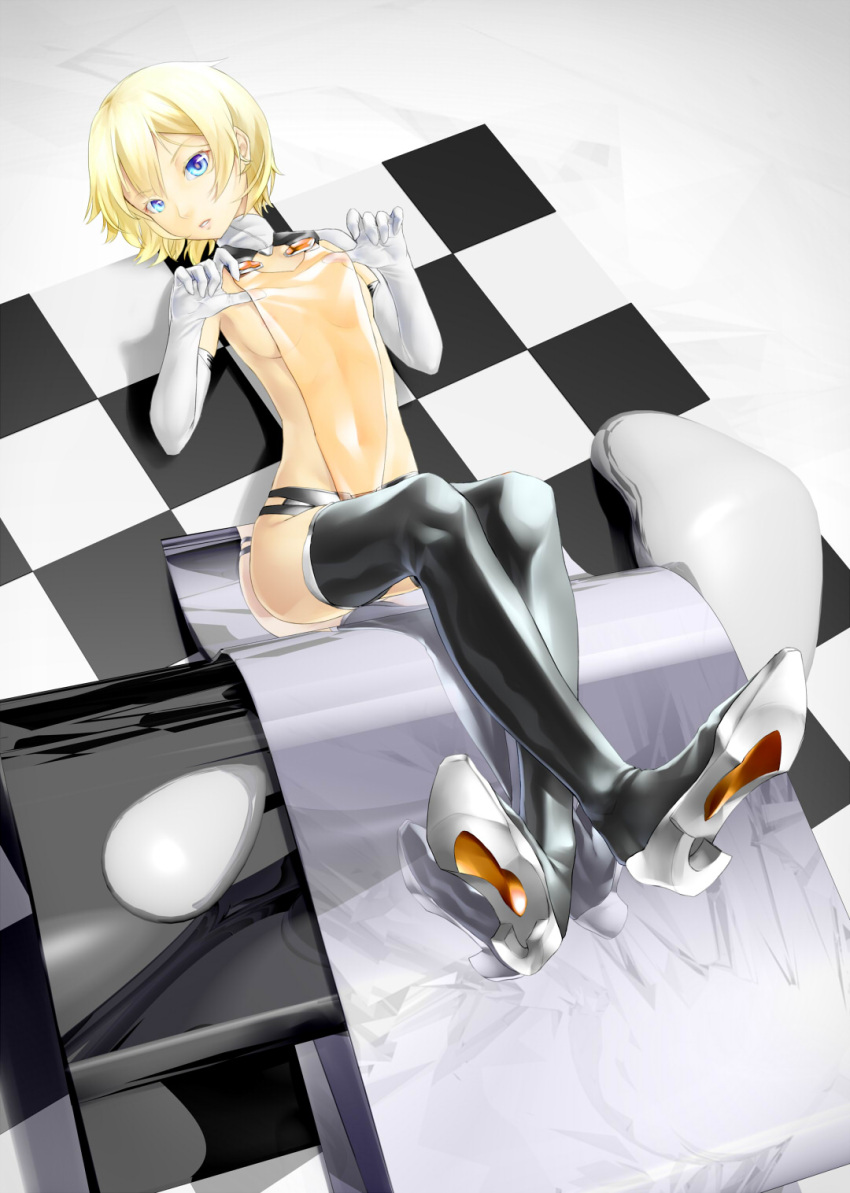 1girl artist_request blonde_hair blue_eyes boots high_heels highres looking_at_viewer lying navel on_back original panties reflection see-through skin_tight solo thigh-highs thigh_boots underwear
