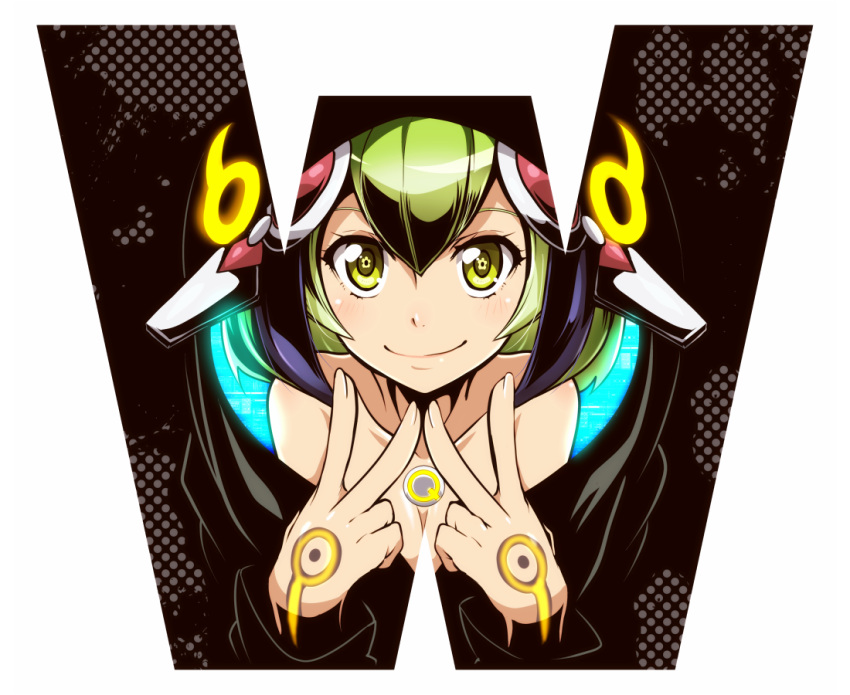 1girl android bare_shoulders blush dimension_w double_v green_eyes green_hair headgear hood hoodie looking_at_viewer multicolored_hair short_hair smile solo streaked_hair tom_(drpow) two-tone_hair v yurizaki_mira
