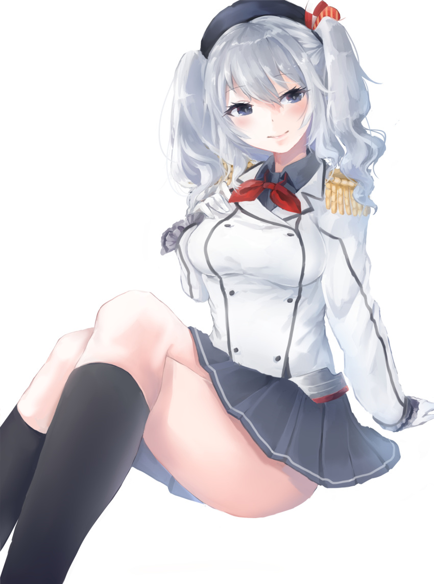 1girl crossed_legs epaulettes gloves grey_eyes hand_on_own_chest hat highres kantai_collection kashima_(kantai_collection) long_hair long_sleeves looking_at_viewer military military_uniform pleated_skirt shirt silver_hair sitting skirt smile solo twintails uniform white_gloves yozakura_retei