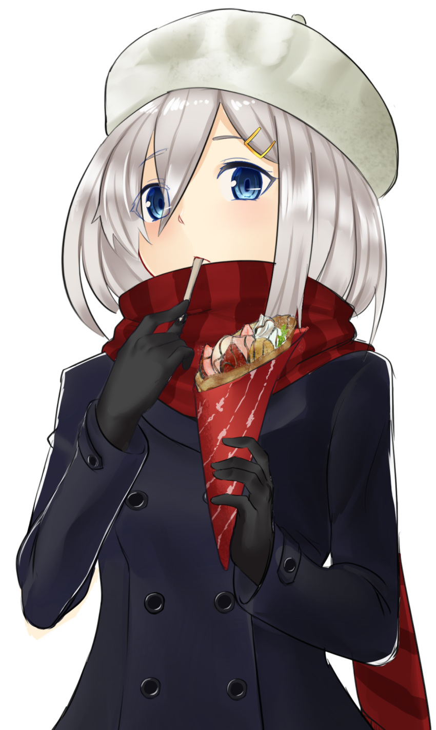 1girl alternate_costume black_gloves blue_coat blue_eyes buttons coat eating eyes_visible_through_hair gloves hair_ornament hair_over_one_eye hairclip hamakaze_(kantai_collection) hat highres kantai_collection red_scarf scarf short_hair silver_hair simple_background sin_(kami148) solo striped striped_scarf white_background winter_clothes winter_coat