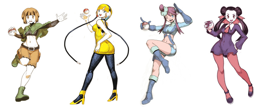 4girls :d arm ascot ass bare_arms bare_shoulders belt black_hair blonde_hair blue_eyes boots breasts brown_eyes buckle cable choker commentary_request covered_navel double_bun dress forehead full_body fuuro_(pokemon) genzoman gloves gym_leader hand_on_hip headphones high_heels highres holding holding_poke_ball kamitsure_(pokemon) leg_up long_hair looking_at_viewer looking_back midriff multiple_girls natane_(pokemon) navel one_eye_closed open_mouth orange_eyes orange_hair outstretched_arm outstretched_hand pantyhose pink_legwear poke_ball pokemon pokemon_(game) pokemon_bw pokemon_rse purple_dress redhead round_teeth running short_hair shorts simple_background sketch smile standing teeth tsutsuji_(pokemon) twintails very_long_hair white_background