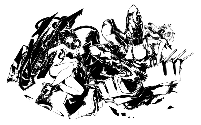 2girls arm_cannon armor armored_boots ass bikini black_hair boots breasts cannon cleavage collar commentary_request deel_(rkeg) foreshortening high_heels kantai_collection looking_at_viewer mask monochrome multiple_girls ne-class_heavy_cruiser panties ri-class_heavy_cruiser shinkaisei-kan shoes short_hair sideboob small_breasts sneakers swimsuit thigh-highs underwear weapon white_hair
