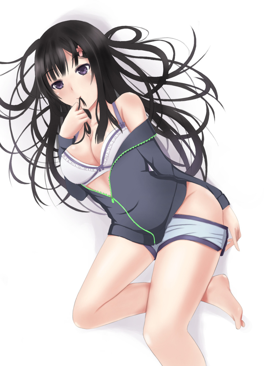 1girl bare_shoulders barefoot black_hair blush bra hair_in_mouth harami highres hood hoodie long_hair looking_at_viewer original underwear undressing unzipped violet_eyes