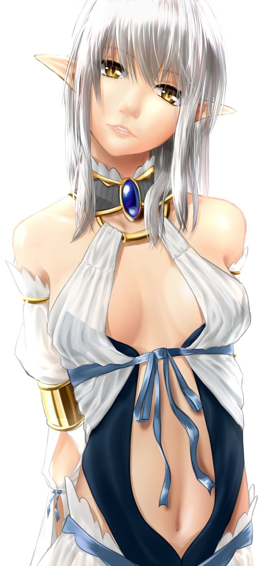 absurdres armband arms_behind_back artist_request bare_shoulders bow choker collarbone elf head_tilt highres jewelry looking_at_viewer navel parted_lips pointy_ears see-through silver_hair simple_background white_background yellow_eyes