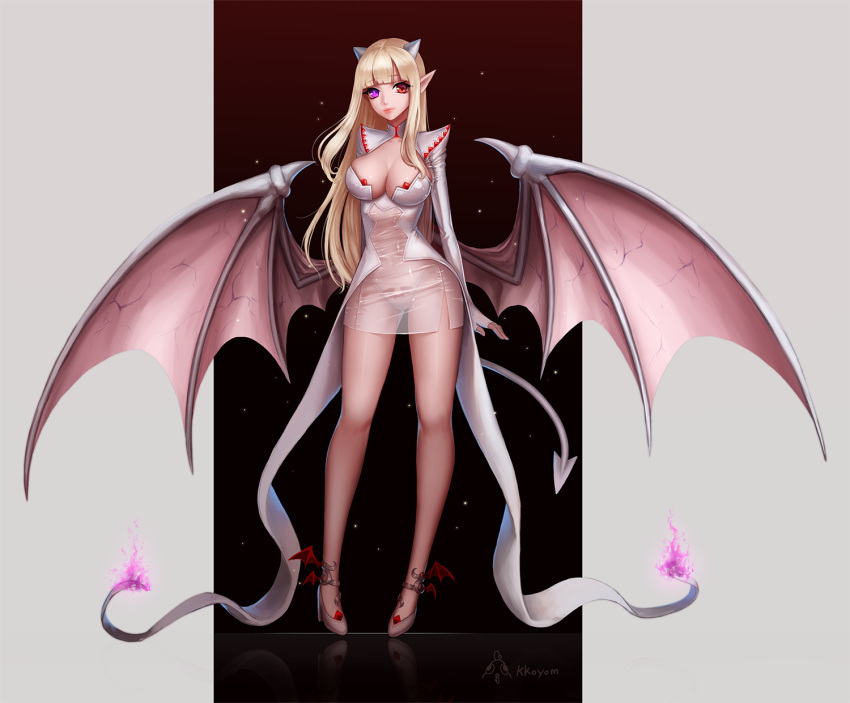 1girl ango bat_wings blonde_hair breasts bridal_gauntlets cleavage demon_girl demon_tail dress elbow_gloves full_body gloves heterochromia high_heels highres horns large_breasts long_hair looking_at_viewer original panties pointy_ears red_eyes reflection see-through shiny shiny_clothes signature slit_pupils solo succubus tail underwear vertical-striped_background vertical_stripes violet_eyes white_panties wings