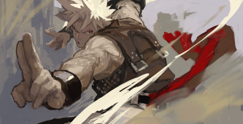 1boy absurdres burari chipp_zanuff fighting_stance foreshortening guilty_gear highres looking_at_viewer motion_lines muscle red_eyes short_hair solo white_hair