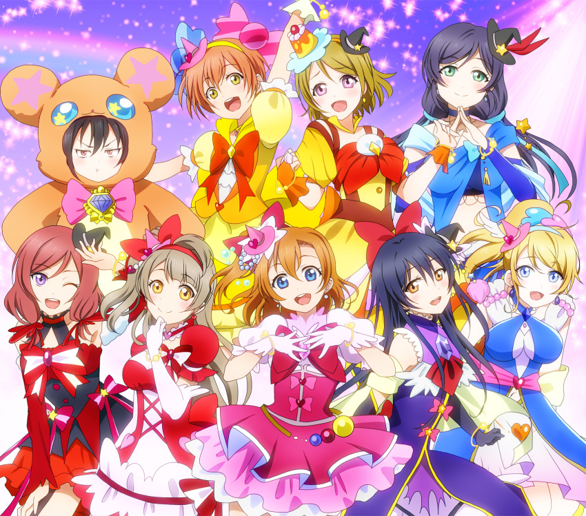 6+girls :t ;d animal_costume annoyed arm_up ayase_eli bear_costume black_hair black_hat blue_eyes bow candy_hair_ornament choker cosplay cowboy_shot cure_magical cure_magical_(cosplay) cure_miracle cure_miracle_(cosplay) earrings elbow_gloves food_themed_hair_ornament gem gloves green_eyes hair_bow hair_ornament hairband hands_on_own_chest hat highres hoshizora_rin jewelry koizumi_hanayo kousaka_honoka looking_at_viewer love_live!_school_idol_project mahou_girls_precure! masako_(sabotage-mode) minami_kotori mini_hat mini_witch_hat mofurun_(mahou_girls_precure!) mofurun_(mahou_girls_precure!)_(cosplay) multiple_girls nishikino_maki one_eye_closed open_mouth pink_bow pink_hat pink_skirt pout precure puffy_sleeves purple_background red_bow red_skirt redhead ruby_style sapphire_style short_hair side_ponytail skirt smile sonoda_umi sparkle striped striped_bow topaz_style toujou_nozomi twintails violet_eyes white_gloves witch_hat yazawa_nico yellow_eyes