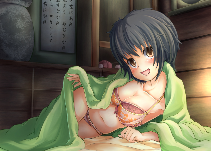 1girl :d arm_support armpits artist_request bangs bed bed_sheet black_hair breasts brown_eyes cleavage collarbone floral_print futon happy hat hat_removed head_tilt headwear_removed indoors leaf_print looking_at_viewer lying navel on_bed on_side open_mouth rafka red_hat scroll shameimaru_aya shelf short_hair smile solo stomach tareme text tokin_hat touhou underwear underwear_only vase