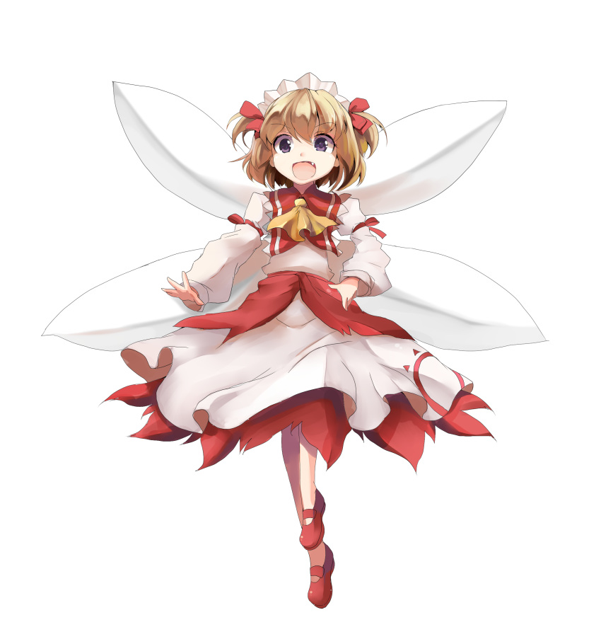 1girl absurdres arm_ribbon ascot blonde_hair blue_eyes clear_echoes dress fairy_wings fang full_body highres juliet_sleeves layered_dress long_sleeves looking_at_viewer maid_headdress mary_janes open_mouth puffy_sleeves red_dress ribbon shoes smile solo sunny_milk touhou transparent_background two_side_up white_dress wings
