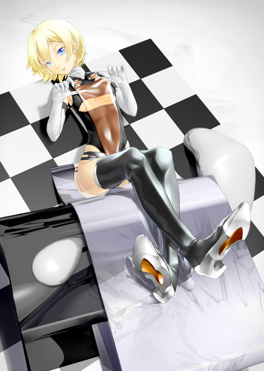 1girl artist_request blonde_hair blue_eyes boots high_heels highres looking_at_viewer lying navel on_back panties reflection see-through skin_tight solo thigh-highs thigh_boots underwear