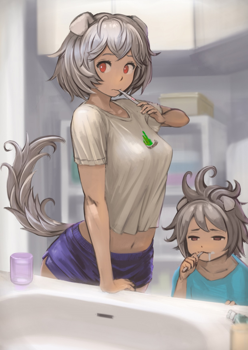 2girls animal_ears brushing_teeth dog_ears dog_tail enumiyan highres midriff multiple_girls navel original red_eyes shirt short_hair shorts silver_hair t-shirt tail toothbrush toothbrush_in_mouth