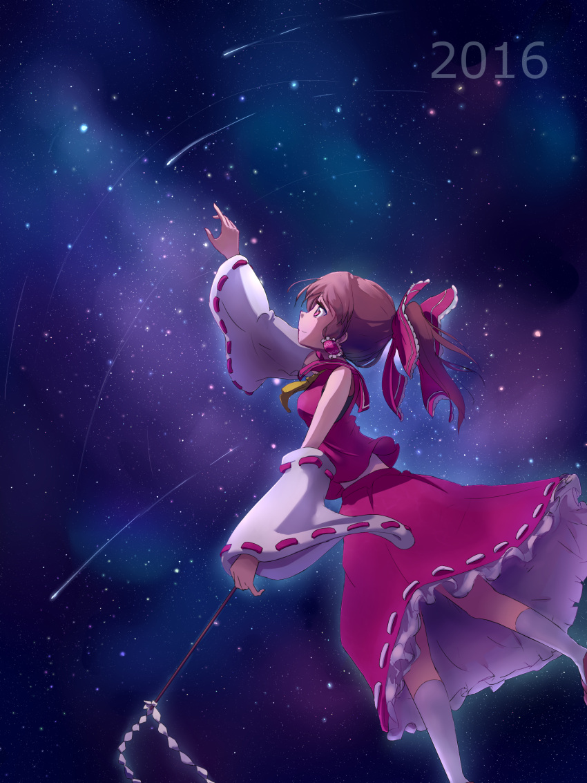 1girl 2016 absurdres arm_up ascot blouse bow brown_hair detached_sleeves from_side gohei hair_bow hair_tubes hakurei_reimu highres johnson_(touhousuki) kneehighs long_hair looking_away looking_up nontraditional_miko outstretched_arm petticoat ponytail profile reaching red_blouse red_eyes red_skirt ribbon-trimmed_skirt ribbon-trimmed_sleeves ribbon_trim shooting_star skirt sky sleeveless smile solo star star_(sky) starry_background starry_sky touhou white_legwear wide_sleeves