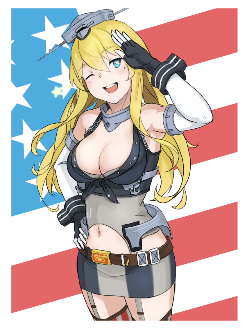 1girl blonde_hair blue_eyes gloves hand_on_hip highres iowa_(kantai_collection) kantai_collection long_hair open_mouth salute skirt smile solo star star-shaped_pupils symbol-shaped_pupils