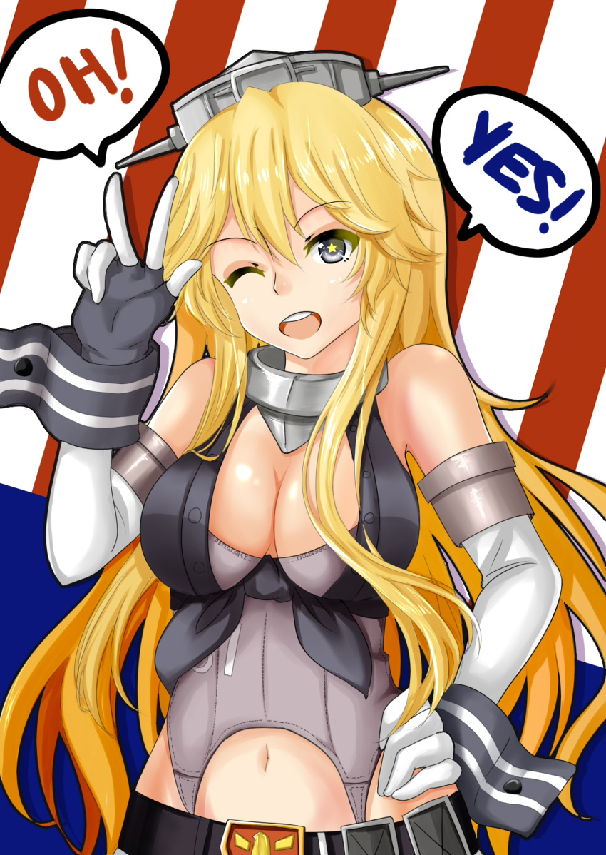 1girl blonde_hair breasts english gloves hand_on_hip highres iowa_(kantai_collection) kantai_collection large_breasts long_hair one_eye_closed smile solo speech_bubble star star-shaped_pupils symbol-shaped_pupils