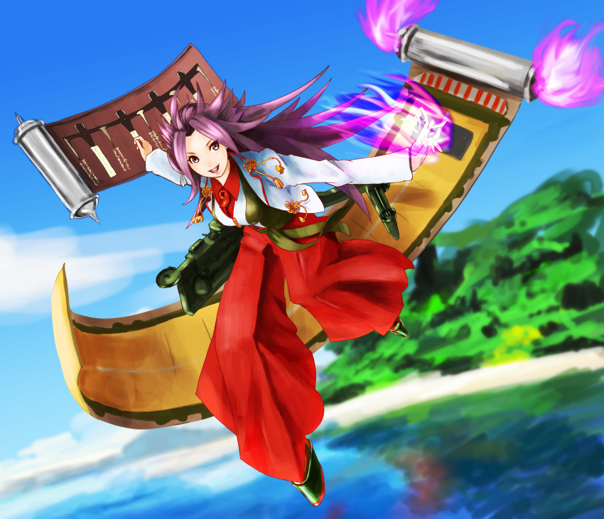 1girl blouse blue_sky denim_(boogee) dress_shirt fire highres japanese_clothes jun'you_(kantai_collection) kantai_collection long_hair long_sleeves looking_at_viewer magatama onmyouji open_mouth outdoors purple_fire purple_hair scroll shikigami shirt sky smile solo spiky_hair vest violet_eyes