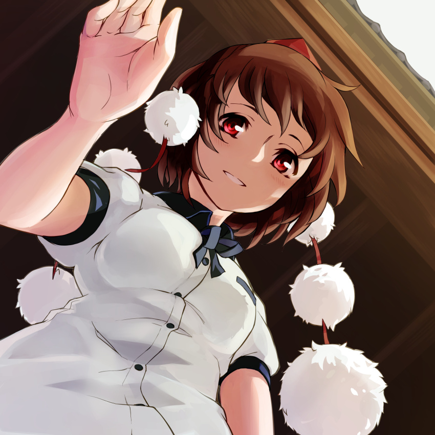 1girl blush breasts brown_hair day from_below grin hand_up hat highres looking_at_viewer nuqura perspective pov red_eyes ribbon shameimaru_aya shirt shirt_pocket short_hair short_sleeves smile solo tokin_hat touhou upper_body white_shirt