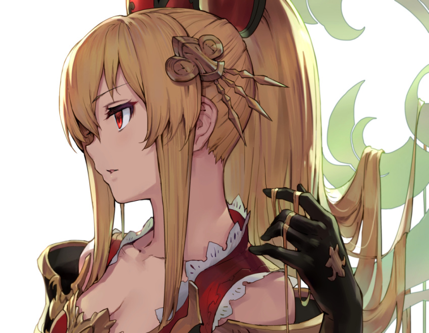 1girl armor bangs black_gloves blonde_hair collarbone eyelashes gloves gou_(ga673899) granblue_fantasy hair_ornament hand_in_hair lace_trim long_hair looking_away parted_lips ponytail portrait red_eyes solo vira white_background