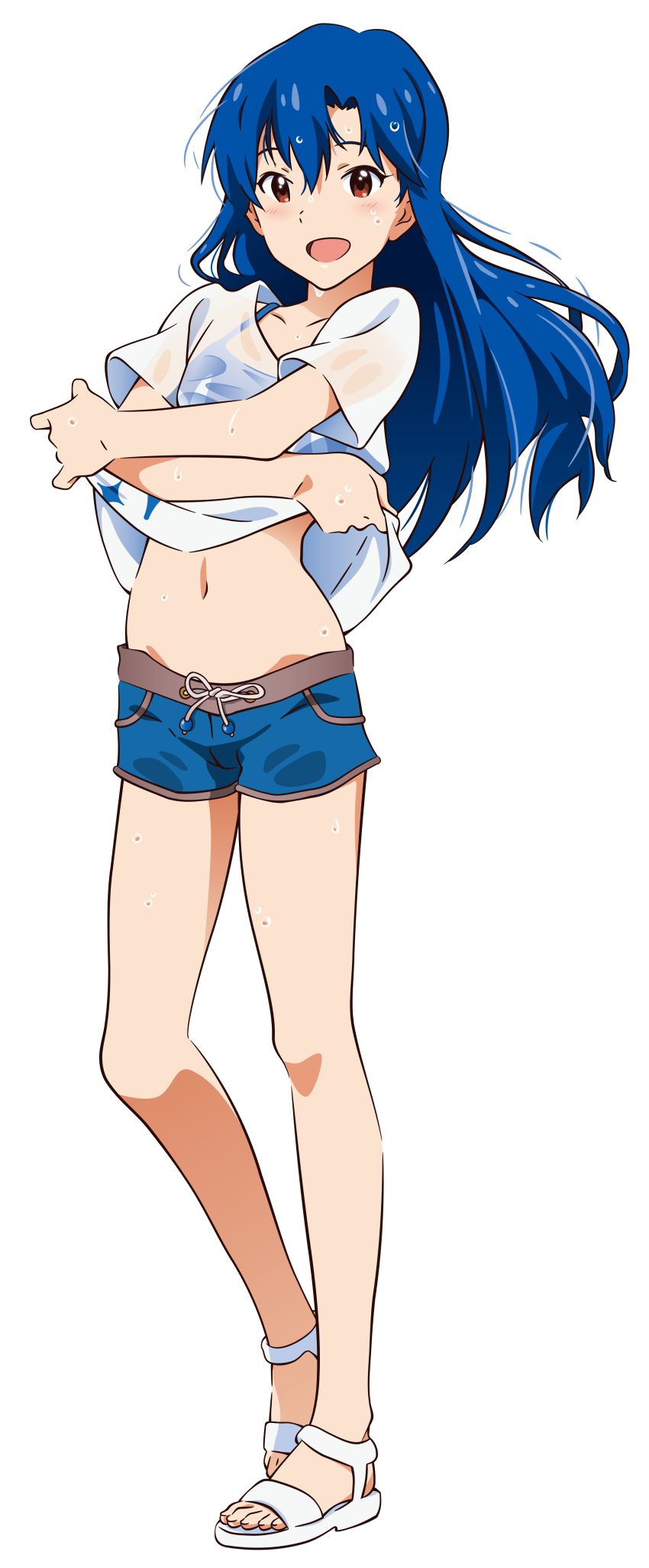 1girl absurdres akizuki_ritchan blue_hair blush brown_eyes full_body highres idolmaster kisaragi_chihaya long_hair navel open_mouth shirt_lift shorts solo vector_trace wet wet_clothes