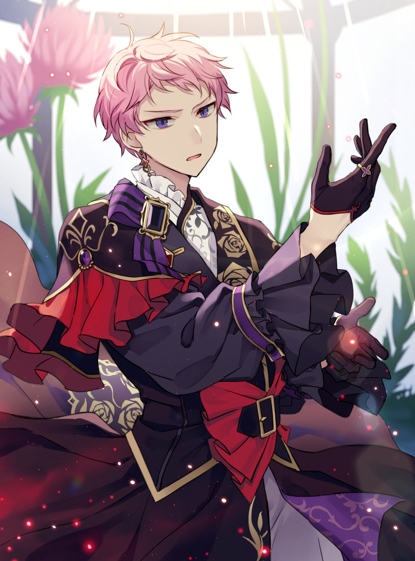 1boy bangs belt belt_buckle black_belt black_capelet black_coat black_gloves brooch buckle capelet coat commentary cowboy_shot earrings ensemble_stars! floral_print flower frilled_capelet frilled_shirt_collar frilled_sleeves frills gloves half_gloves hand_up highres itsuki_shu jewelry kaminokefusa light_particles looking_ahead male_focus open_mouth oversized_flower pants pink_flower pink_hair ring rose_print shirt short_hair solo violet_eyes white_pants white_shirt