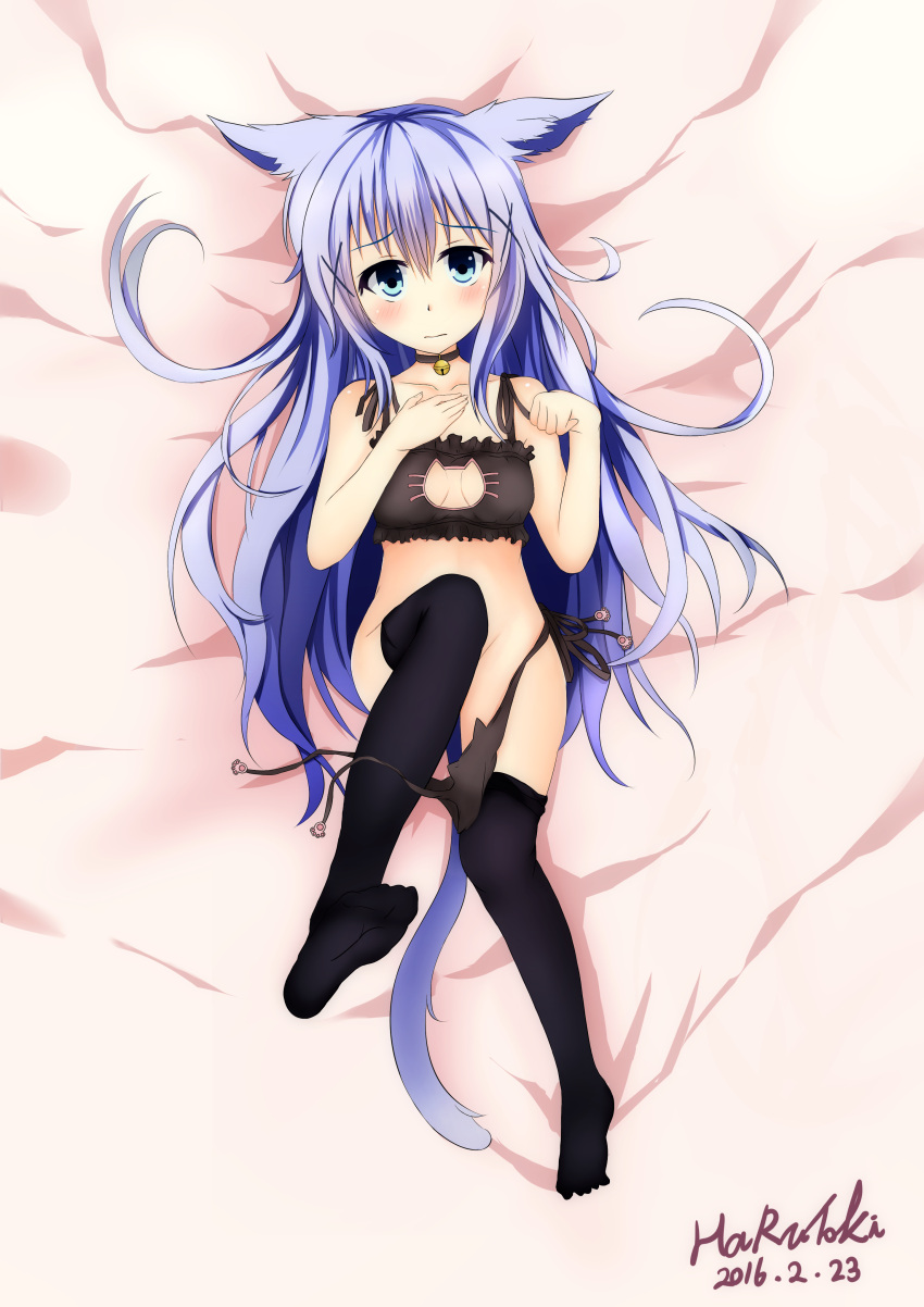 1girl 2016 absurdres animal_ears artist_name bell black_bra black_legwear black_panties blue blue_eyes blue_hair bra cat_ears cat_lingerie cat_panties cat_print choker convenient_censoring dakimakura dated gochuumon_wa_usagi_desu_ka? hand_on_own_chest highres jingle_bell kafuu_chino leg_up legs long_hair lying on_back panties panties_around_one_leg panty_pull paw_pose print_panties side-tie_panties signature small_breasts solo tail thigh-highs underwear untied very_long_hair