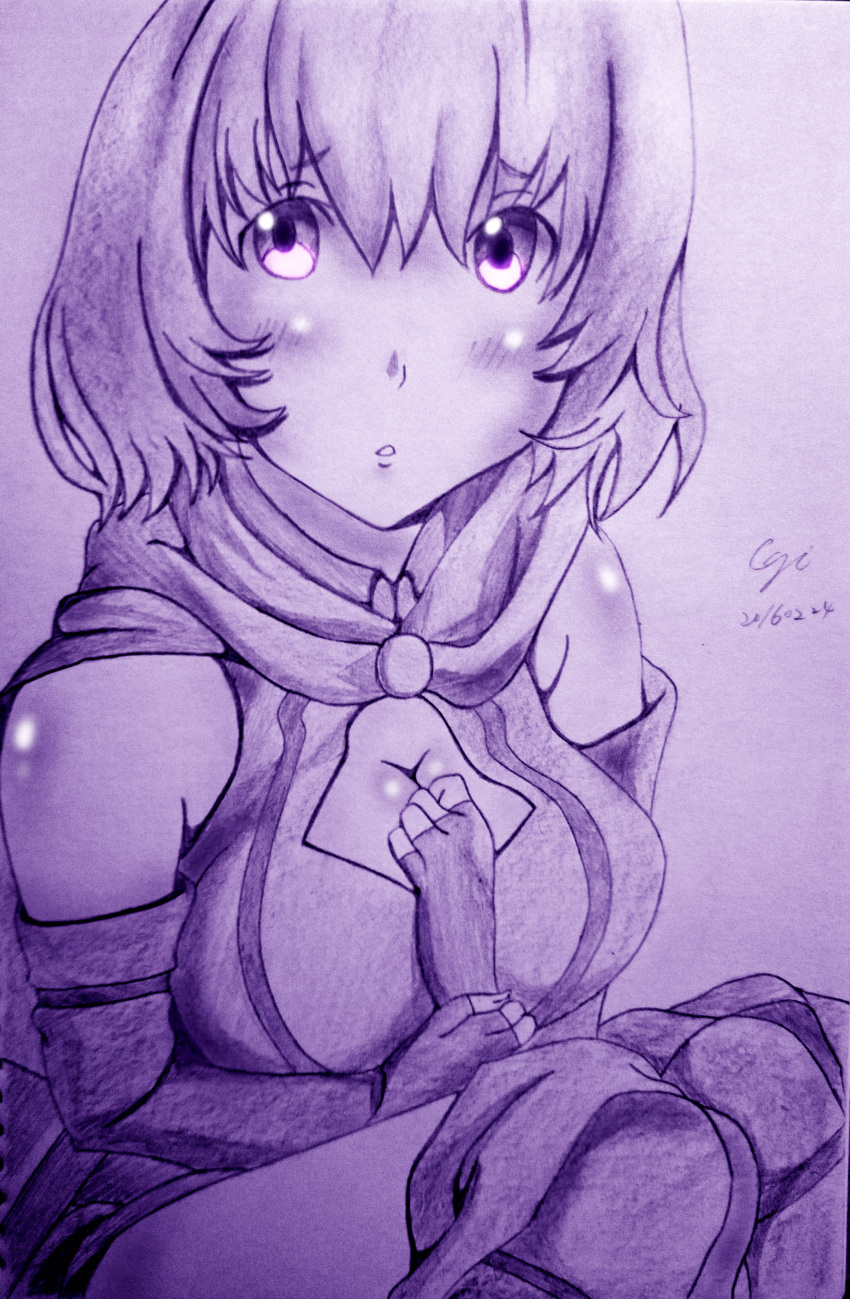 1girl absurdres blush breasts cape cleavage cleavage_cutout dated fingerless_gloves gloves hai_to_gensou_no_grimgar hair_between_eyes highres looking_at_viewer mechanical_pencil monochrome pencil shihoru_(grimgar) short_hair solo traditional_media
