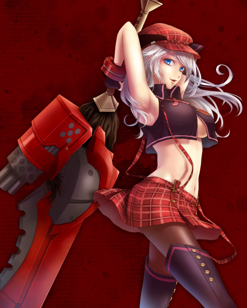 1girl :d alisa_ilinichina_amiella amano_yoru armpits arms_up artist_name asymmetric_gloves black_legwear blonde_hair blue_eyes boots breasts brown_boots brown_legwear buckle buttons cowboy_shot crop_top crop_top_overhang elbow_gloves fingerless_gloves flat_cap gatling_gun gloves god_eater god_eater_burst gun hat highres holding_sword holding_weapon huge_weapon lips looking_at_viewer midriff navel open_mouth pantyhose plaid plaid_skirt red_background red_hat red_skirt signature simple_background skirt smile solo stomach suspender_skirt suspenders sword thigh-highs thigh_boots tsurime under_boob vest walking weapon wrist_cuffs