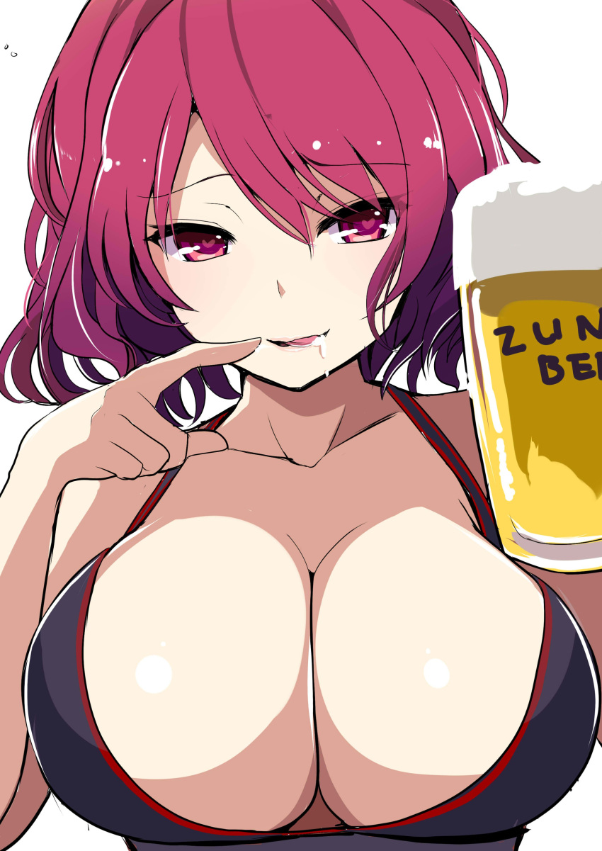 1girl absurdres alcohol amisu beer beer_mug black_bra blush bra breasts cleavage collarbone heart heart-shaped_pupils highres horikawa_raiko large_breasts open_mouth red_eyes redhead short_hair simple_background smile solo symbol-shaped_pupils touhou underwear white_background