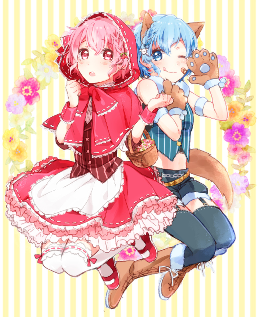 1boy 1girl animal_ears big_bad_wolf_(cosplay) big_bad_wolf_(grimm) blue_eyes blue_hair blush braid brother_and_sister cosplay dorothy_west grimm's_fairy_tales highres hood leona_west little_red_riding_hood little_red_riding_hood_(cosplay) little_red_riding_hood_(grimm) mgmgkyun mole mole_under_eye open_mouth otoko_no_ko pink_eyes pink_hair pripara short_hair siblings smile tail twins wolf_ears wolf_paws wolf_tail