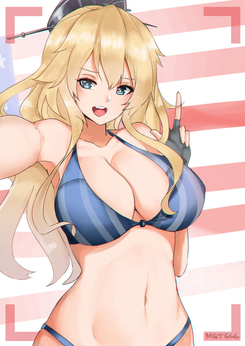 1girl american_flag artist_name bikini blonde_hair breasts cleavage fingerless_gloves gloves hat highres iowa_(kantai_collection) kantai_collection large_breasts long_hair looking_at_viewer navel norman_maggot open_mouth smile star star-shaped_pupils striped striped_bikini swimsuit symbol-shaped_pupils teeth