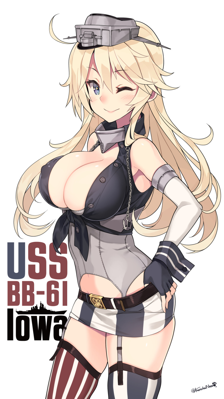 1girl bare_shoulders belt blonde_hair blue_eyes blush breasts character_name cleavage covered_nipples english fingerless_gloves gloves headgear highres iowa_(kantai_collection) kantai_collection kuro_chairo_no_neko large_breasts long_hair miniskirt one_eye_closed signature simple_background skirt smile solo symbol-shaped_pupils thigh-highs white_background wrist_cuffs