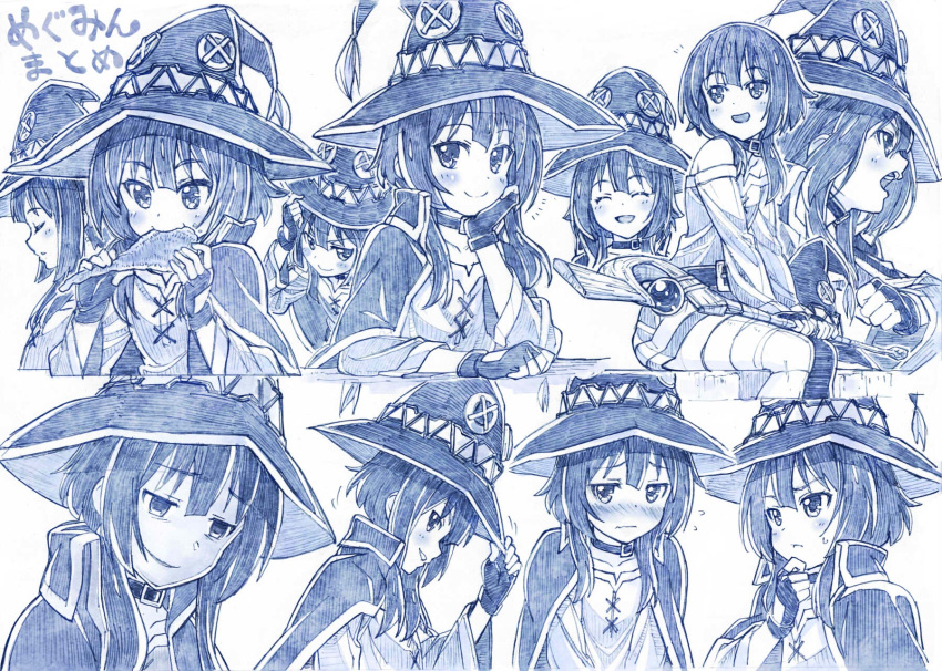 1girl blush cape character_sheet closed_eyes collar eating empty_eyes fingerless_gloves flying_sweatdrops food gloves hat highres kono_subarashii_sekai_ni_shukufuku_wo! megumin monochrome open_mouth sakino_shingetsu sitting smile staff sweatdrop thigh-highs witch_hat