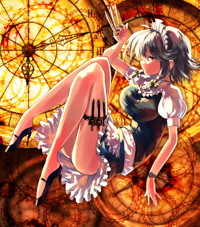 absurdres apron blue_dress bow braid breasts dress frilled_apron frilled_skirt frills hair_bow highres izayoi_sakuya knife large_breasts maid maid_apron maid_headdress medium_hair puffy_short_sleeves puffy_sleeves short_hair short_sleeves silver_hair skirt sunyup touhou twin_braids