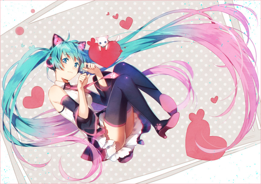 1girl absurdly_long_hair aqua_eyes boots cat cat_ear_headphones detached_sleeves hakusai_(tiahszld) hatsune_miku headphones heart long_hair looking_at_viewer multicolored_hair necktie paw_pose pink_hair polka_dot polka_dot_background skirt solo thigh-highs thigh_boots twintails very_long_hair vocaloid