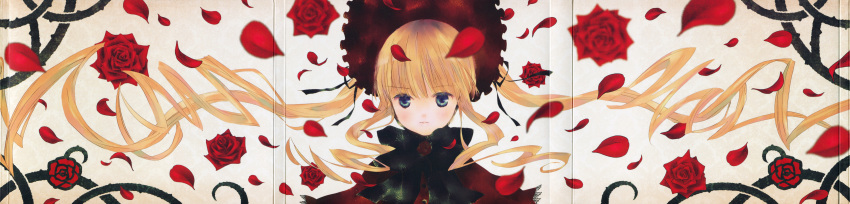 1girl absurdres bangs blonde_hair blue_eyes bonnet bow dress flower frills highres incredibly_absurdres lolita_fashion long_image looking_at_viewer official_art peach-pit red_rose rose rozen_maiden scan serious shinku solo thorns twintails wide_image