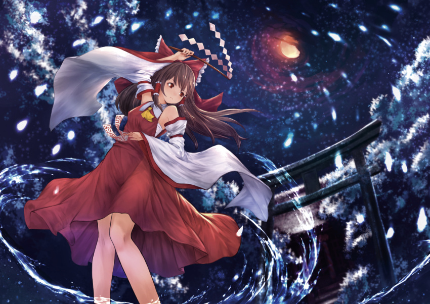 1girl armband ascot backlighting between_fingers bow brown_hair clouds detached_sleeves frilled_bow frills full_moon gohei hair_bow hair_tubes hakurei_reimu hakurei_shrine knees_together_feet_apart legs long_hair long_skirt looking_to_the_side md5_mismatch moon moonlight night night_sky orange_moon perspective pi-pie red_bow red_eyes red_shirt red_skirt revision sarashi serious shiny shiny_hair shirt skirt sky small_breasts solo star_(sky) starry_sky talismans torii touhou tree water waves wide_sleeves wind
